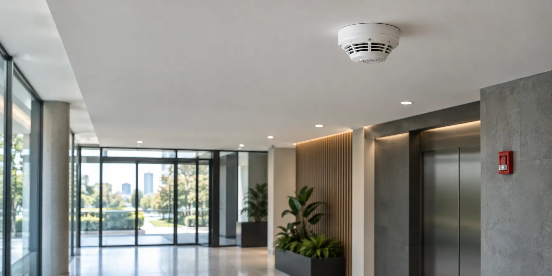Detector de humo instalado en el acceso de un edificio moderno
